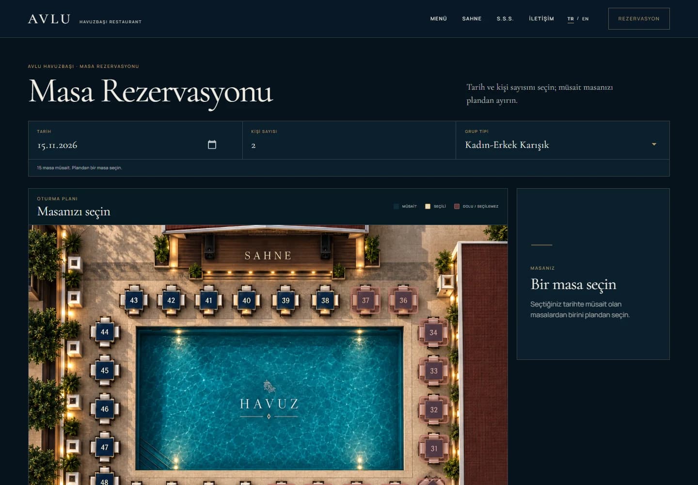 AVLU’nun gerçek rezervasyon ekranı: tarih, kişi sayısı ve etkileşimli masa planı.